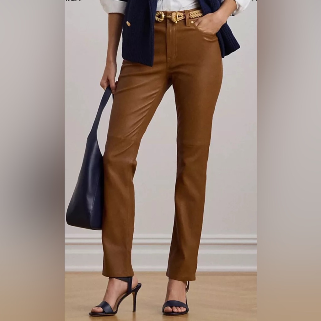 $745 Lauren Ralph Lauren High-Rise Lambskin Straight Ankle Pant Brown Sz 14 Nwt